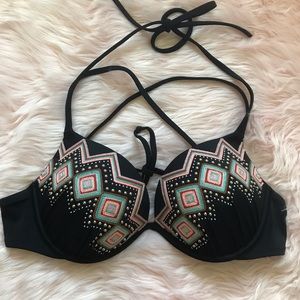 Black Embroidered Bathing Suit Bikini Top